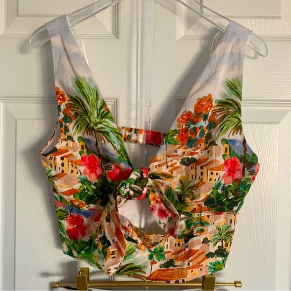 🌴 ZARA Printed Knot Top Midi Skirt Set Colorful Vibrant Art Scenery Print XS - Picture 6 of 16